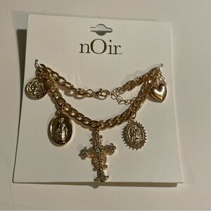Gold Plated Religious Charm Bracelet, Cross, Virgin Mary & Guadalupe New